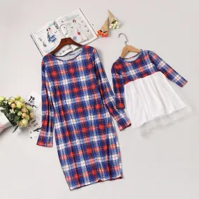 Autumn Winter Plaid Girl Women Dress Tutu Lace Shirtdress Mother