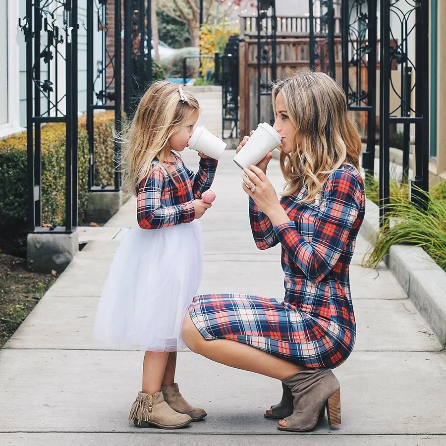 Autumn Winter Plaid Girl Women Dress Tutu Lace Shirtdress Mother