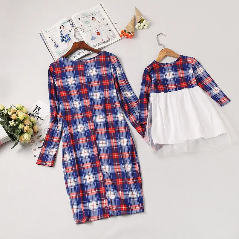 Autumn Winter Plaid Girl Women Dress Tutu Lace Shirtdress Mother