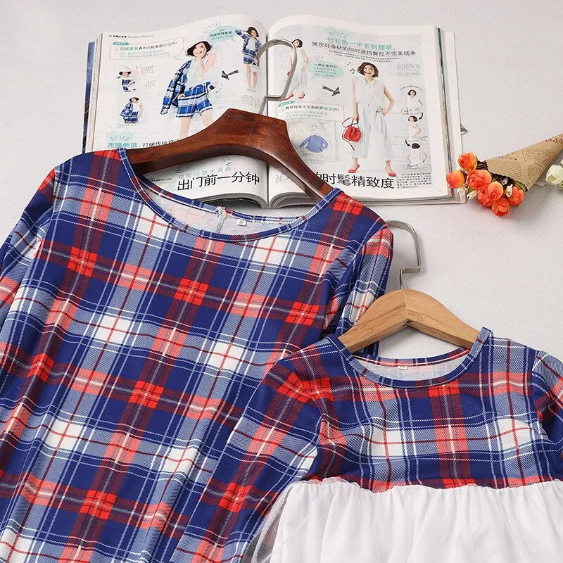 Autumn Winter Plaid Girl Women Dress Tutu Lace Shirtdress Mother