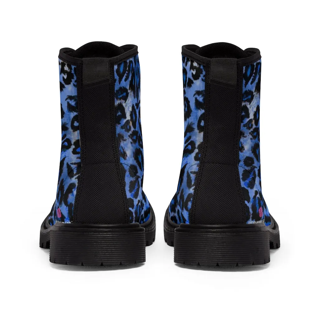 Blue Leopard Women's Canvas Boots, Best Leopard Animal Print Winter Boots For Ladies