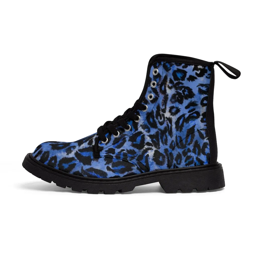 Blue Leopard Women's Canvas Boots, Best Leopard Animal Print Winter Boots For Ladies