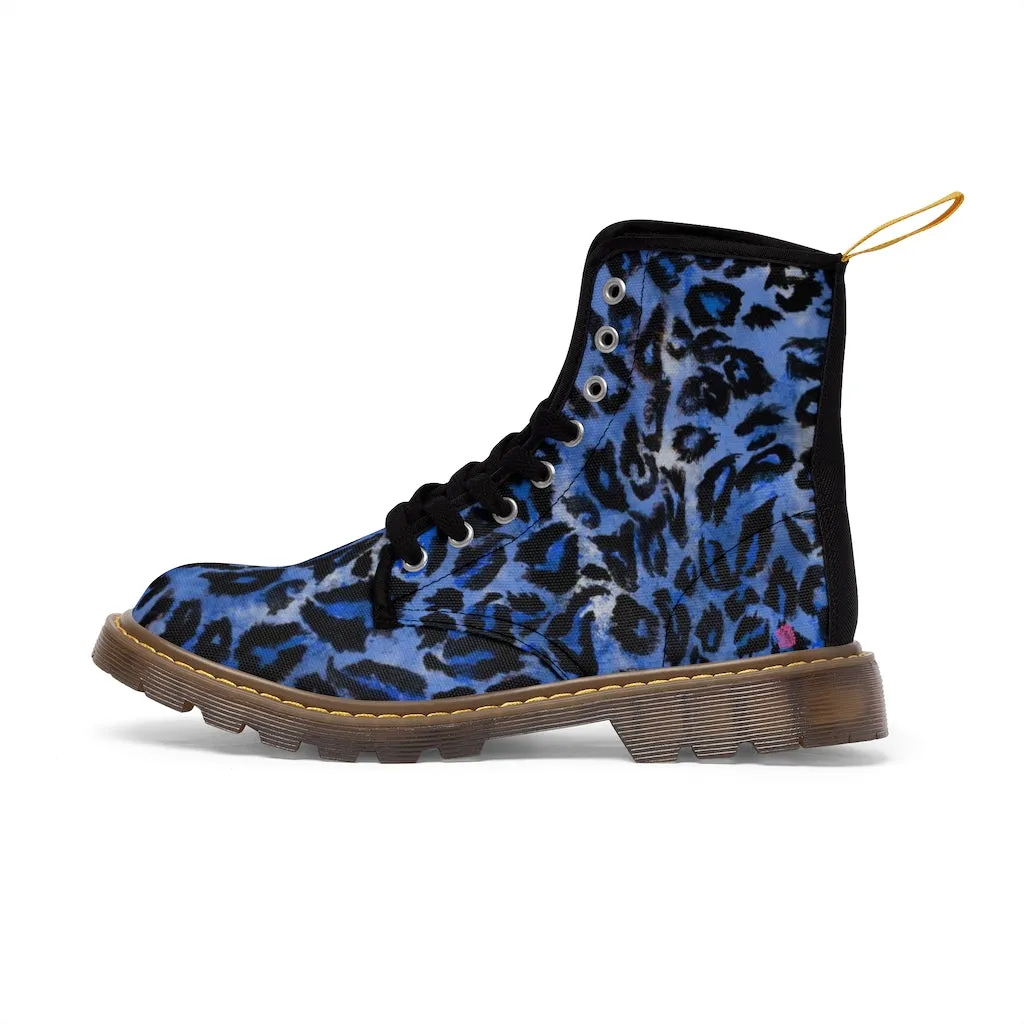 Blue Leopard Women's Canvas Boots, Best Leopard Animal Print Winter Boots For Ladies