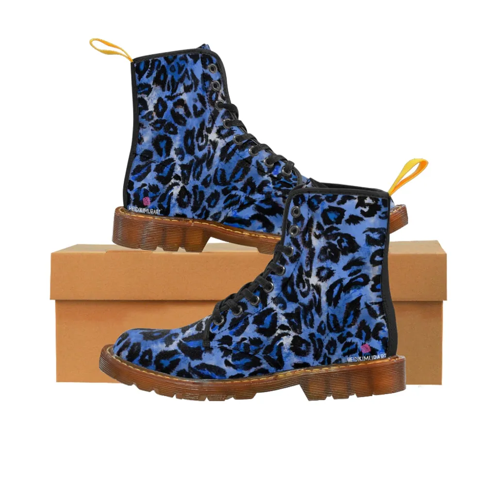 Blue Leopard Women's Canvas Boots, Best Leopard Animal Print Winter Boots For Ladies