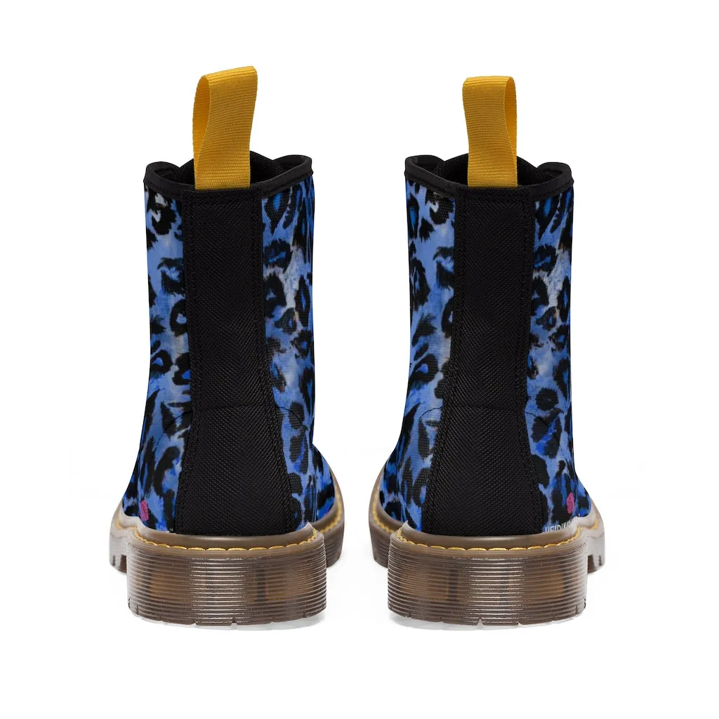 Blue Leopard Women's Canvas Boots, Best Leopard Animal Print Winter Boots For Ladies