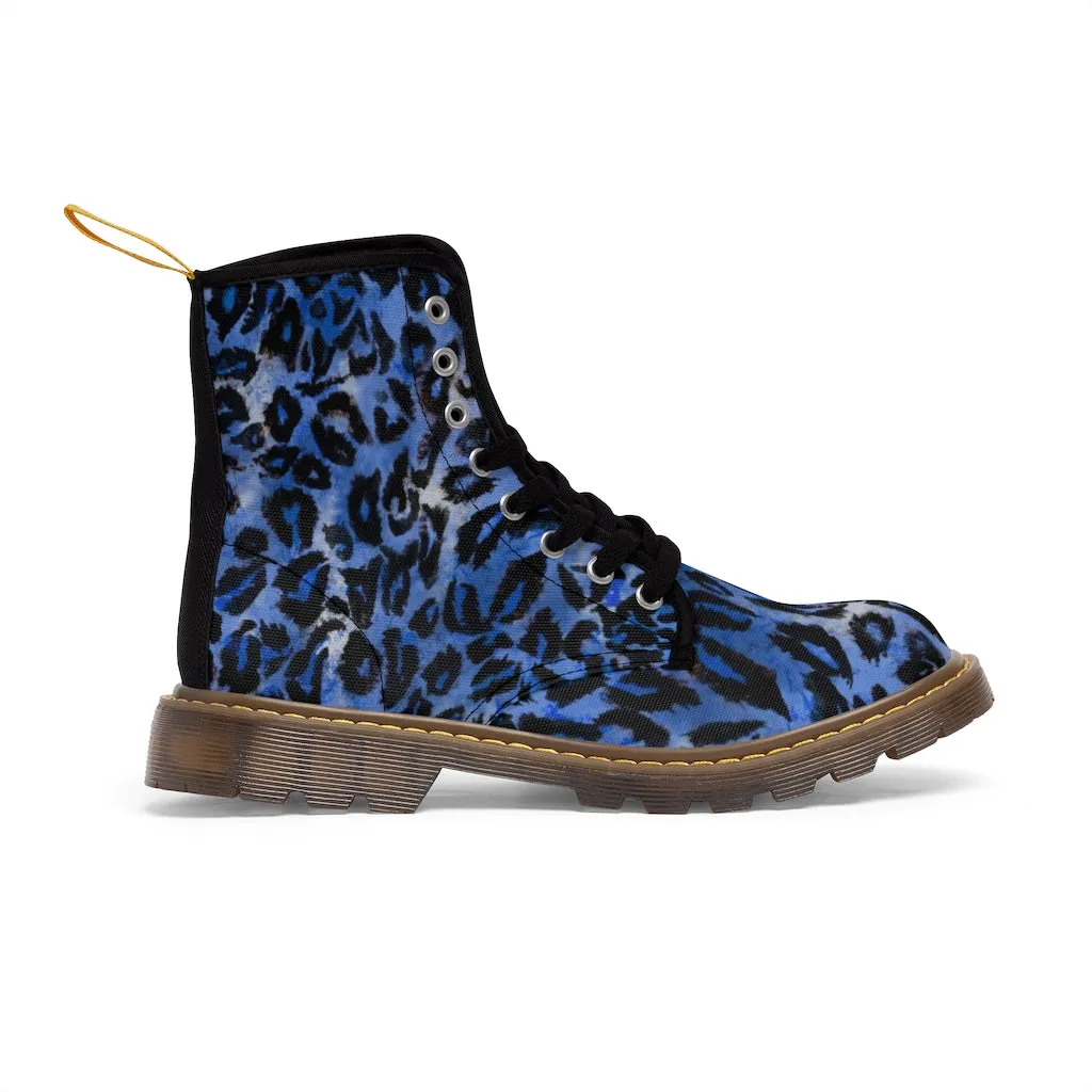 Blue Leopard Women's Canvas Boots, Best Leopard Animal Print Winter Boots For Ladies