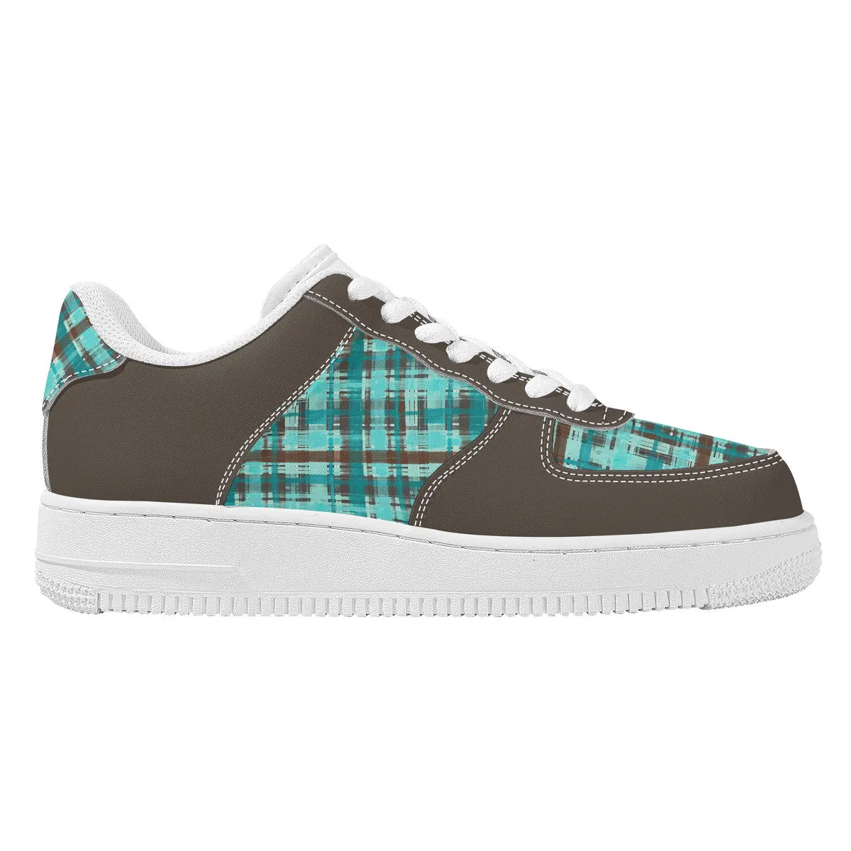 Bold Abstract Watercolor Plaid in Shades of Green and Brown with Brown Trim  Unisex Air Force Sneakers