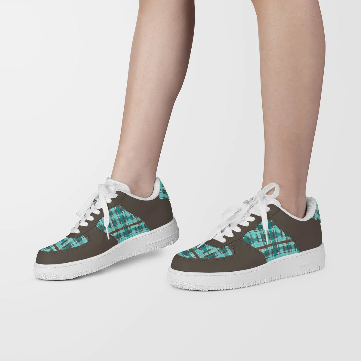 Bold Abstract Watercolor Plaid in Shades of Green and Brown with Brown Trim  Unisex Air Force Sneakers