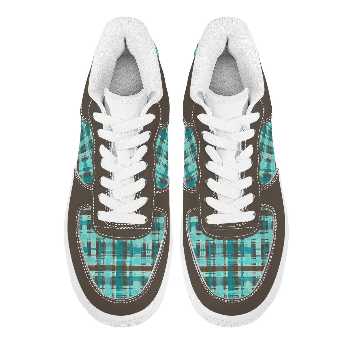 Bold Abstract Watercolor Plaid in Shades of Green and Brown with Brown Trim  Unisex Air Force Sneakers