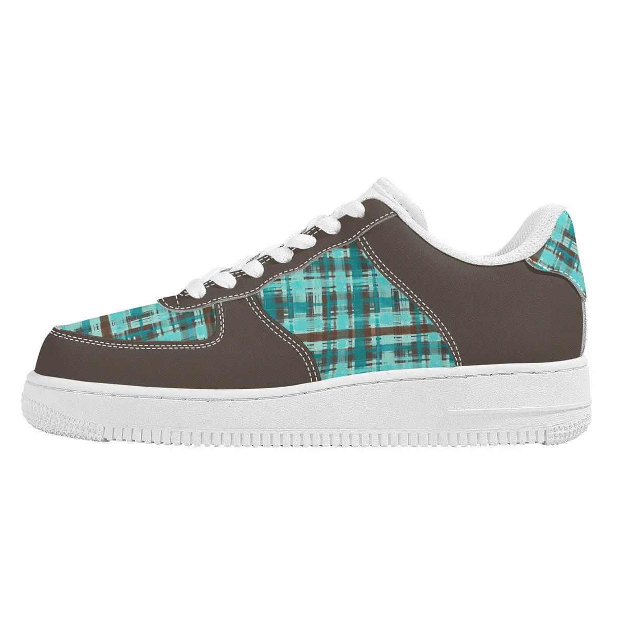 Bold Abstract Watercolor Plaid in Shades of Green and Brown with Brown Trim  Unisex Air Force Sneakers
