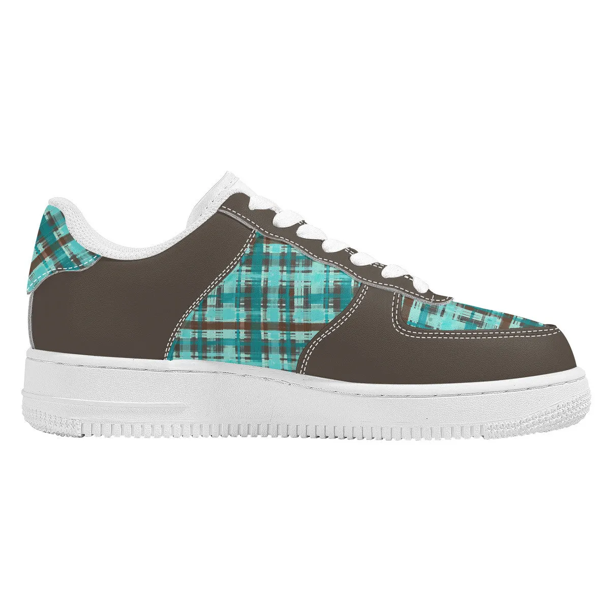 Bold Abstract Watercolor Plaid in Shades of Green and Brown with Brown Trim  Unisex Air Force Sneakers