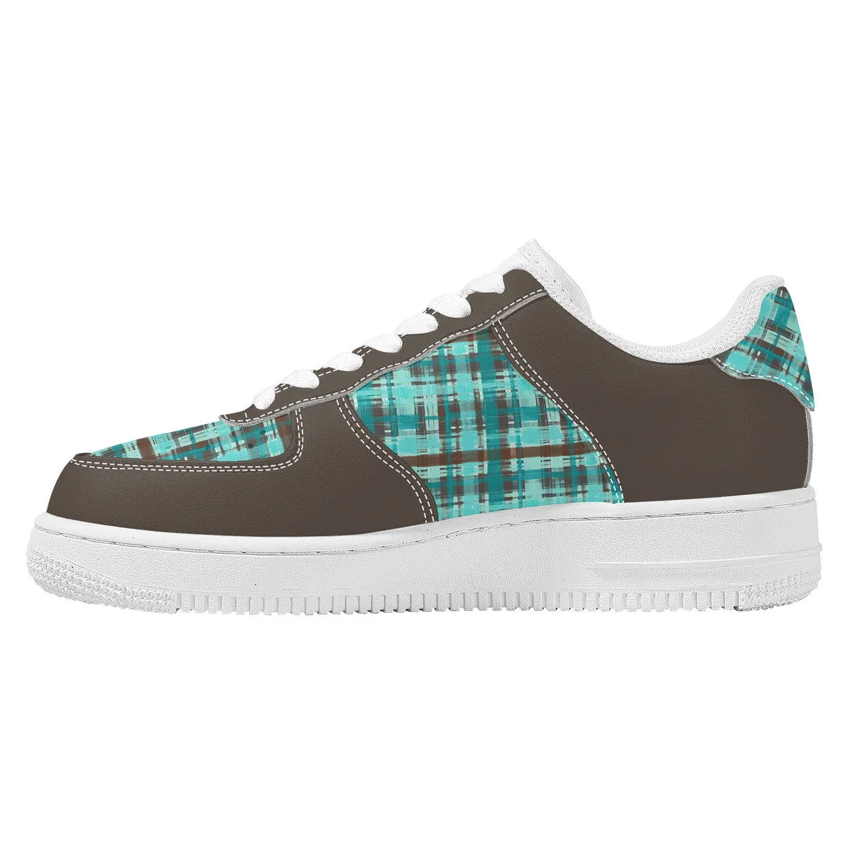Bold Abstract Watercolor Plaid in Shades of Green and Brown with Brown Trim  Unisex Air Force Sneakers