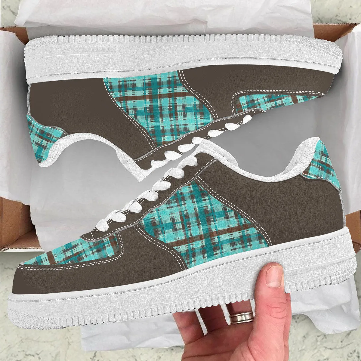 Bold Abstract Watercolor Plaid in Shades of Green and Brown with Brown Trim  Unisex Air Force Sneakers
