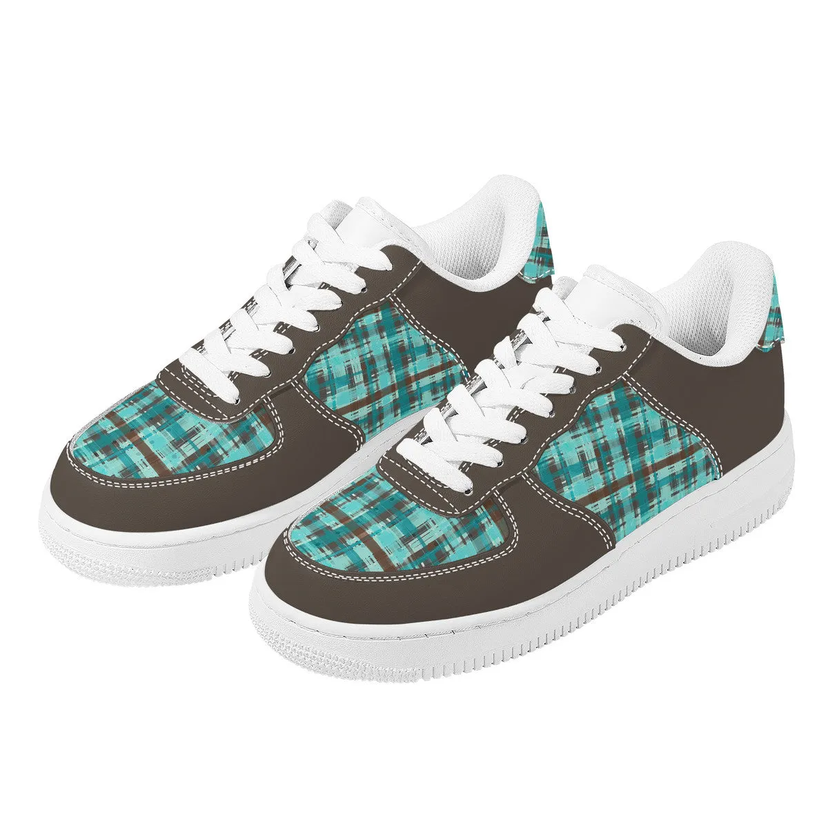 Bold Abstract Watercolor Plaid in Shades of Green and Brown with Brown Trim  Unisex Air Force Sneakers