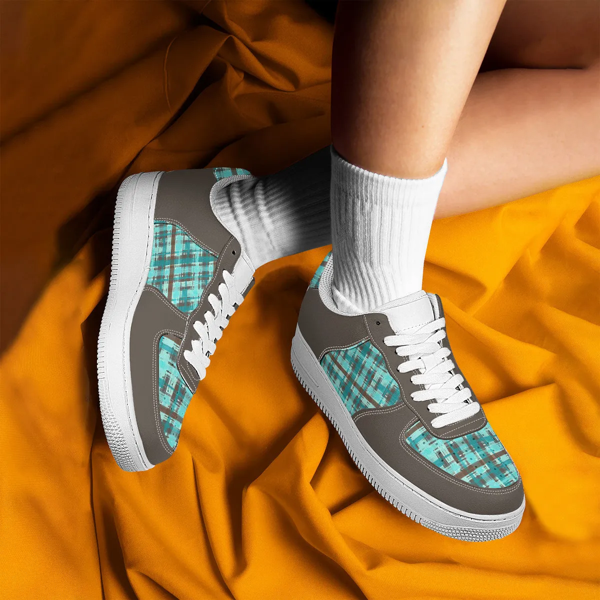 Bold Abstract Watercolor Plaid in Shades of Green and Brown with Brown Trim  Unisex Air Force Sneakers