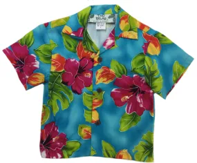Boys Hawaiian Shirt Hibiscus Watercolors Blue