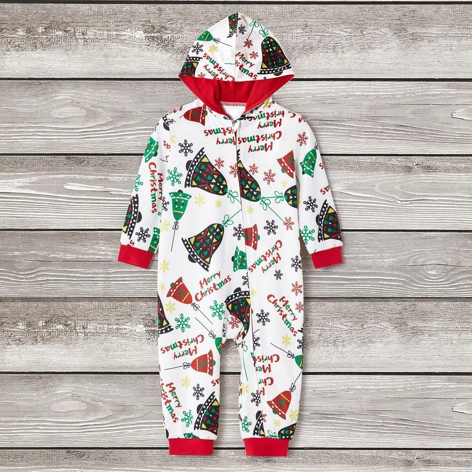 Christmas Bells Print Hooded Onesies Matching Pajamas
