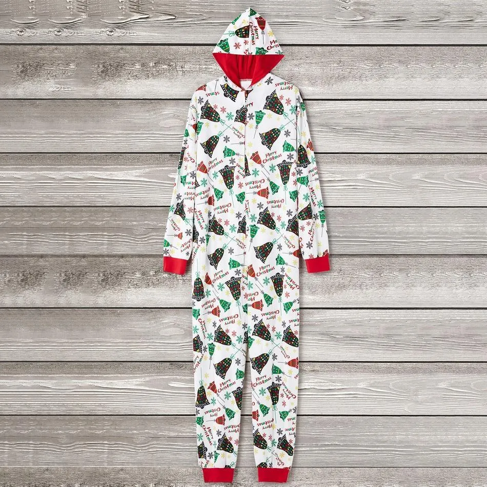 Christmas Bells Print Hooded Onesies Matching Pajamas