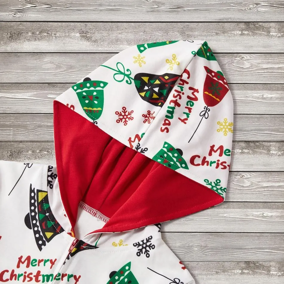 Christmas Bells Print Hooded Onesies Matching Pajamas