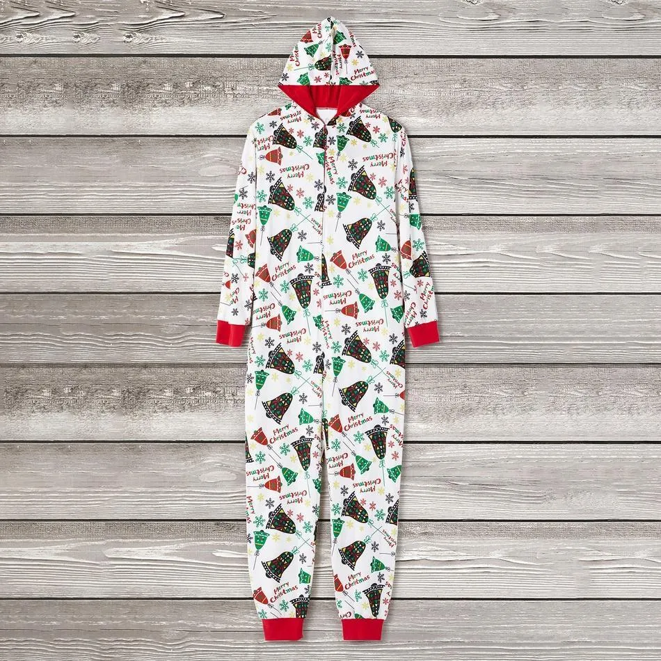 Christmas Bells Print Hooded Onesies Matching Pajamas