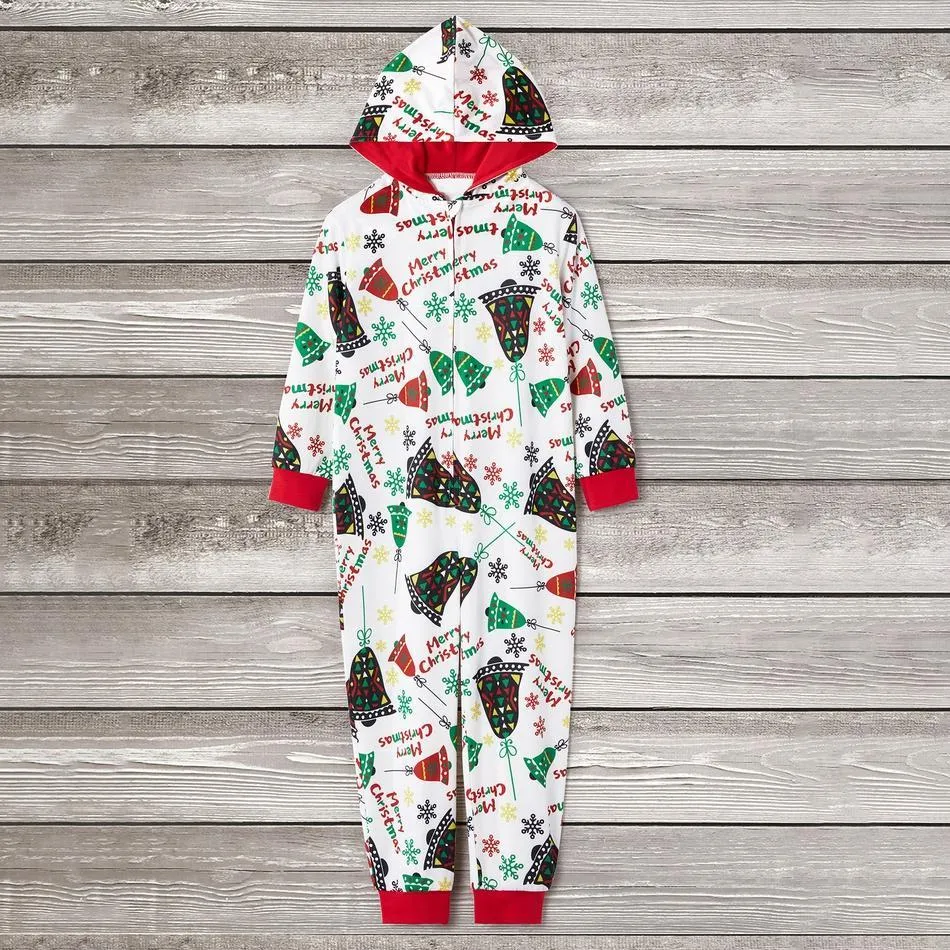 Christmas Bells Print Hooded Onesies Matching Pajamas