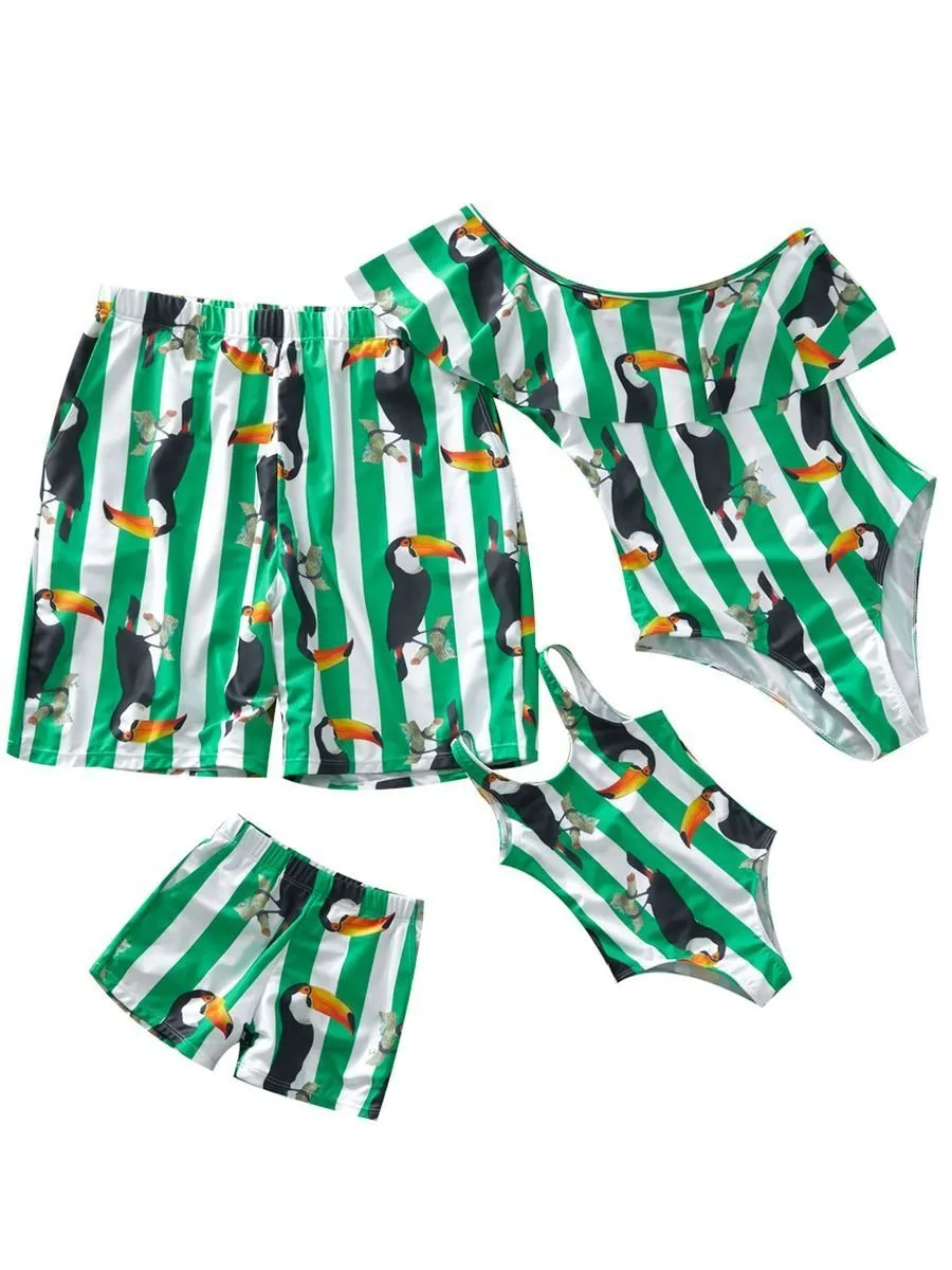 Dad and Son Bird Stripe Swimming Trunks Family Matching