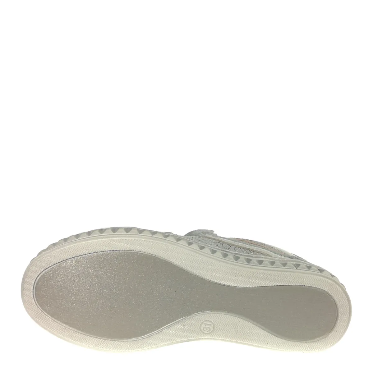Designer Sneakers For Kids. Szamos kid girl sneakers in sparkling silver color and double velcro strap big kid size.