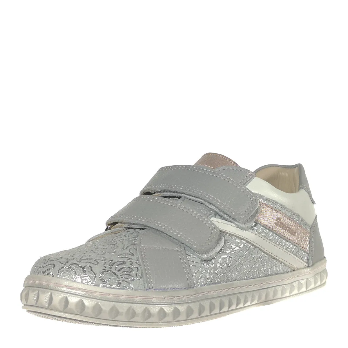 Designer Sneakers For Kids. Szamos kid girl sneakers in sparkling silver color and double velcro strap big kid size.