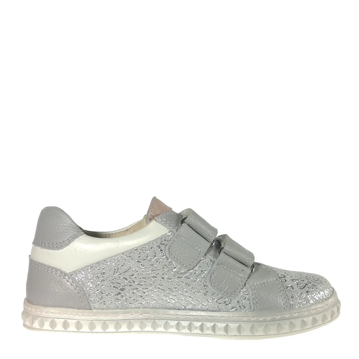 Designer Sneakers For Kids. Szamos kid girl sneakers in sparkling silver color and double velcro strap big kid size.