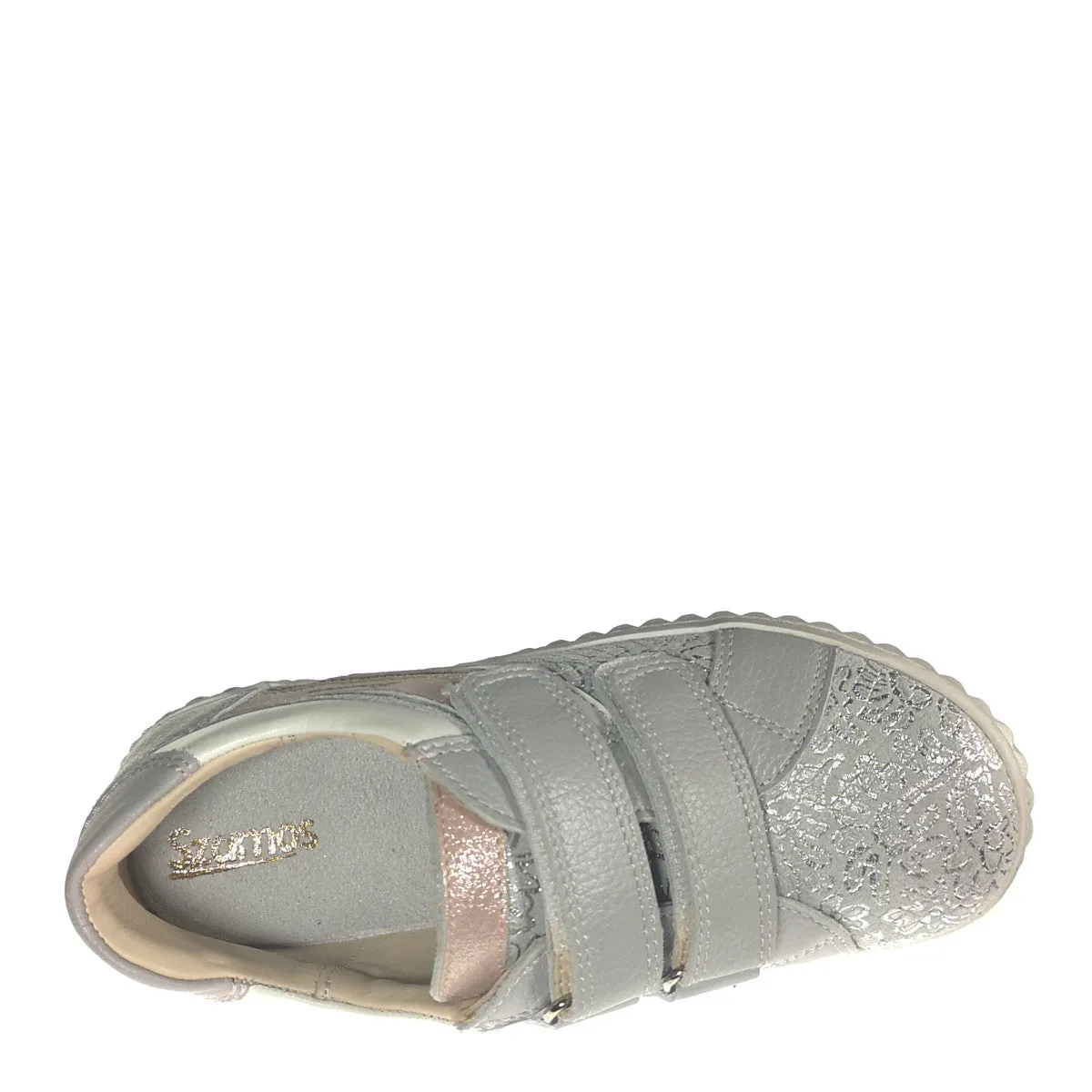 Designer Sneakers For Kids. Szamos kid girl sneakers in sparkling silver color and double velcro strap big kid size.