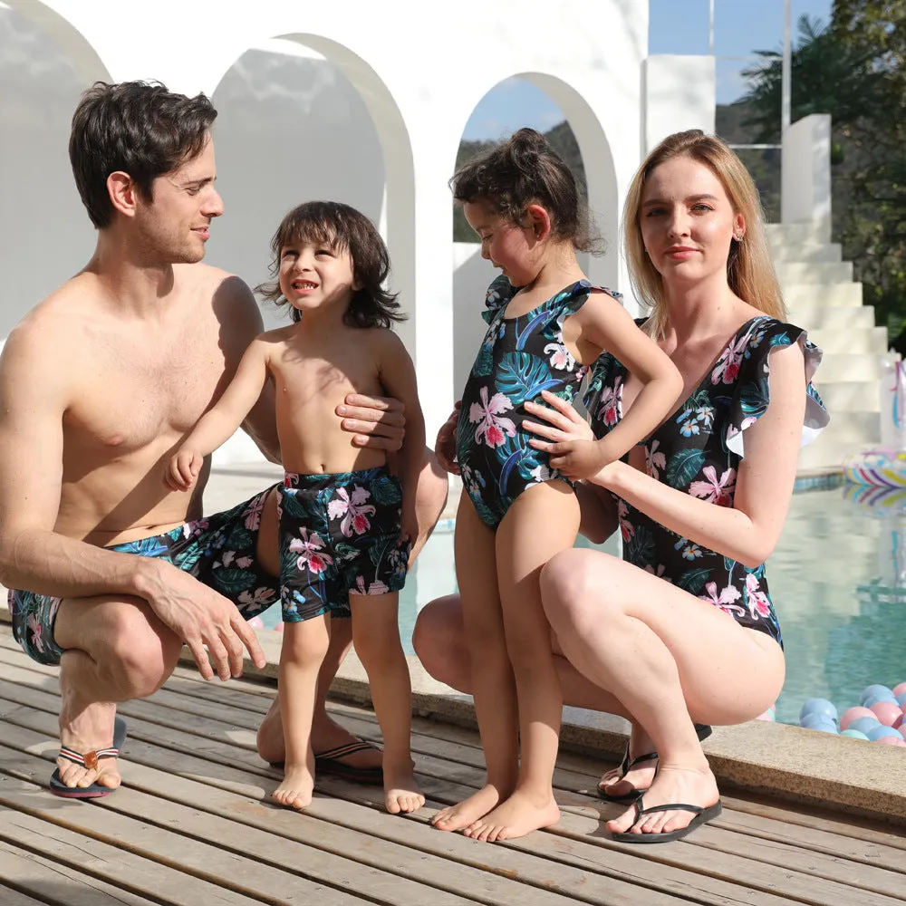 Family Matching Black Green Leaves Printed Swimsuits