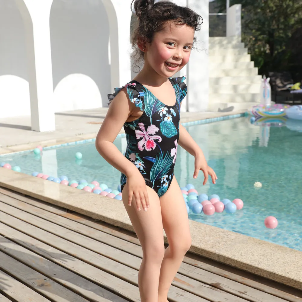 Family Matching Black Green Leaves Printed Swimsuits