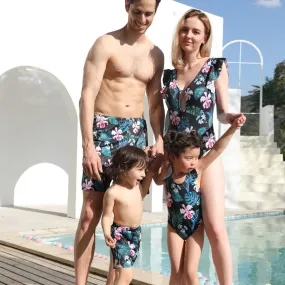 Family Matching Black Green Leaves Printed Swimsuits