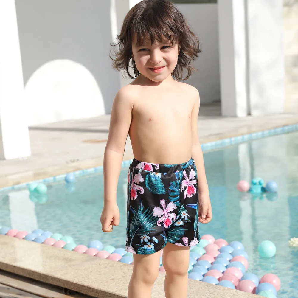 Family Matching Black Green Leaves Printed Swimsuits
