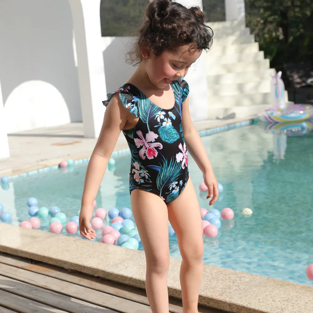 Family Matching Black Green Leaves Printed Swimsuits