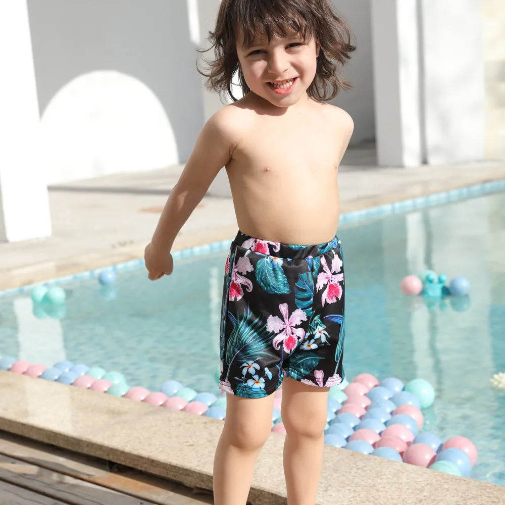 Family Matching Black Green Leaves Printed Swimsuits