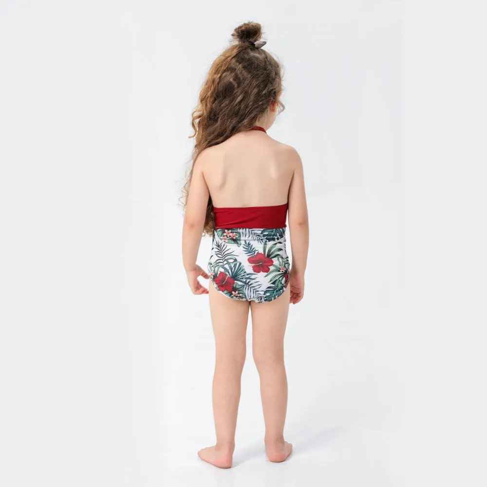 Family Matching Red Flower Printed Swimsuits