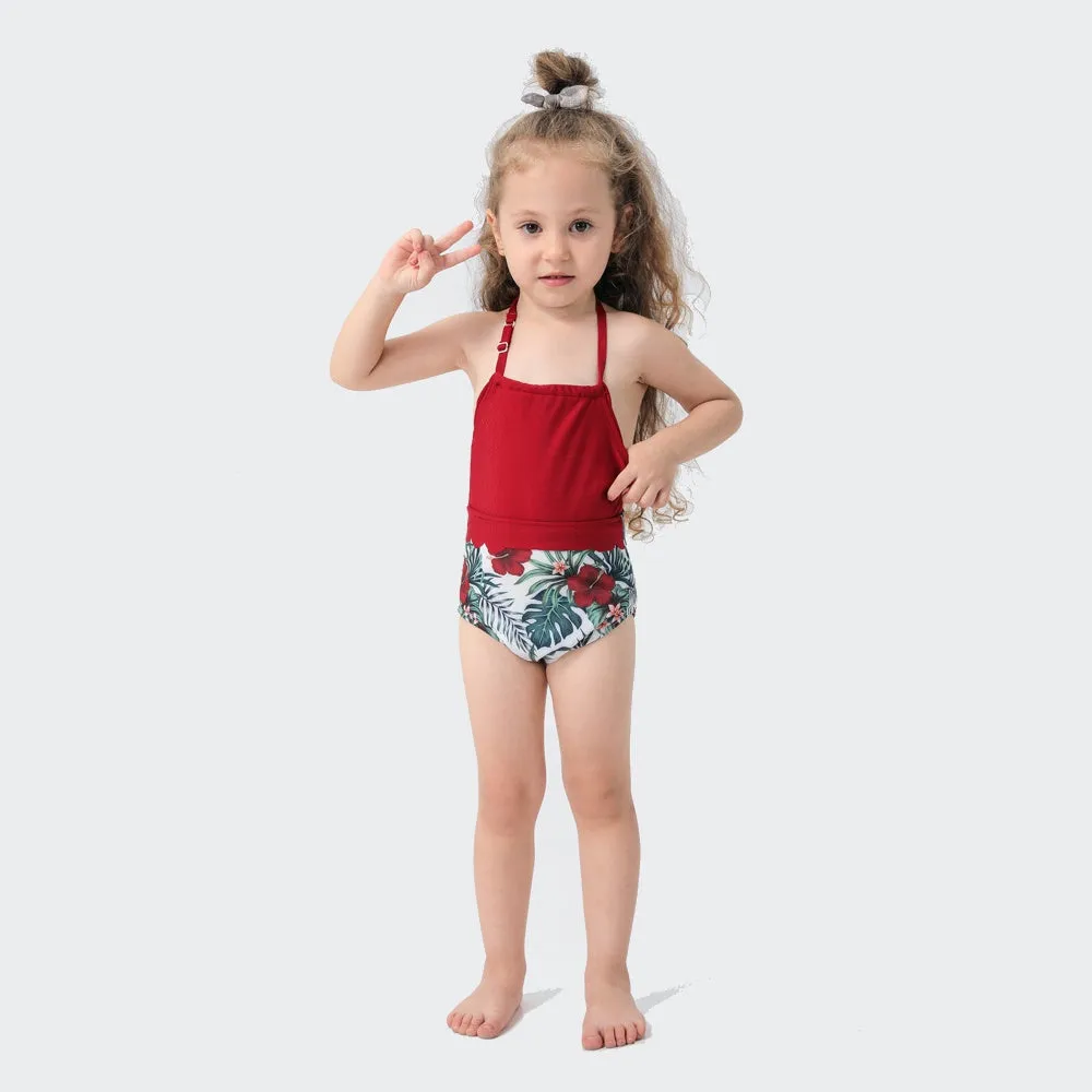 Family Matching Red Flower Printed Swimsuits