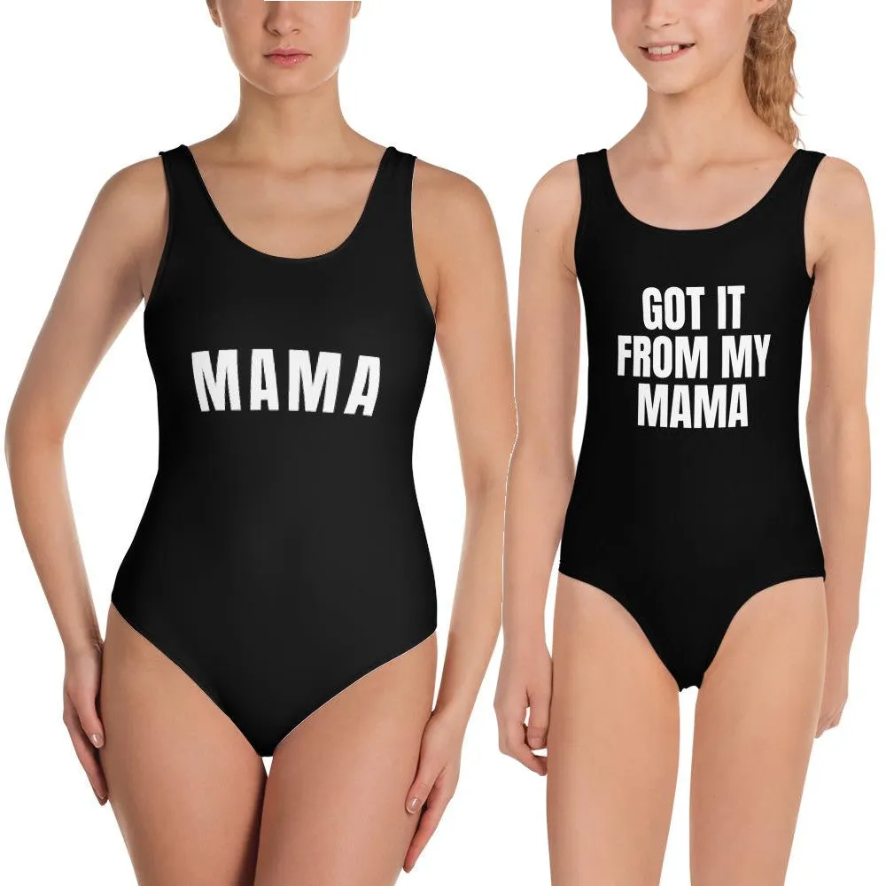 Got It From My Mama Kids Swimsuit, Matching Bathing Suit Mom and Daughter Matching Family Black One-Piece Custom Personalize Swimsuit