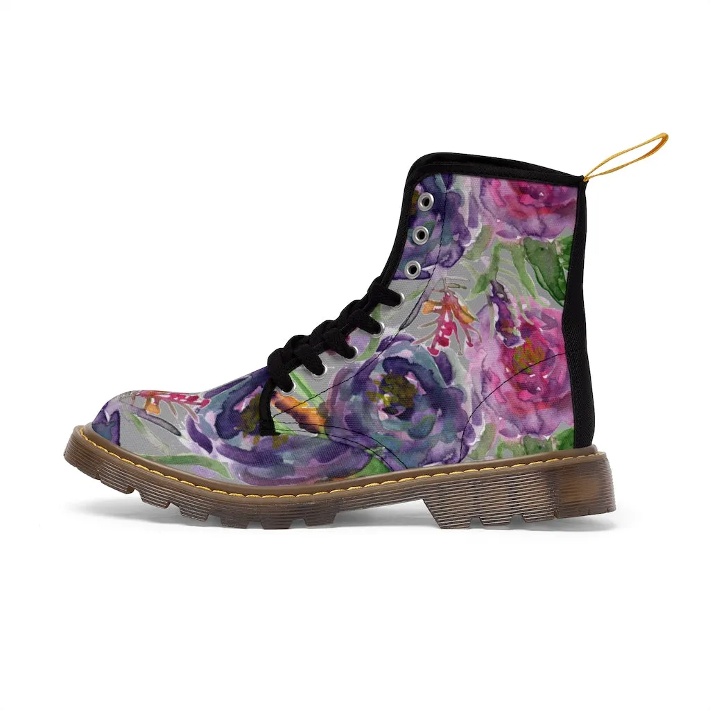 Grey Pink Flower Women's Boots, Best Vintage Style Premium Quality Winter Boots For Ladies