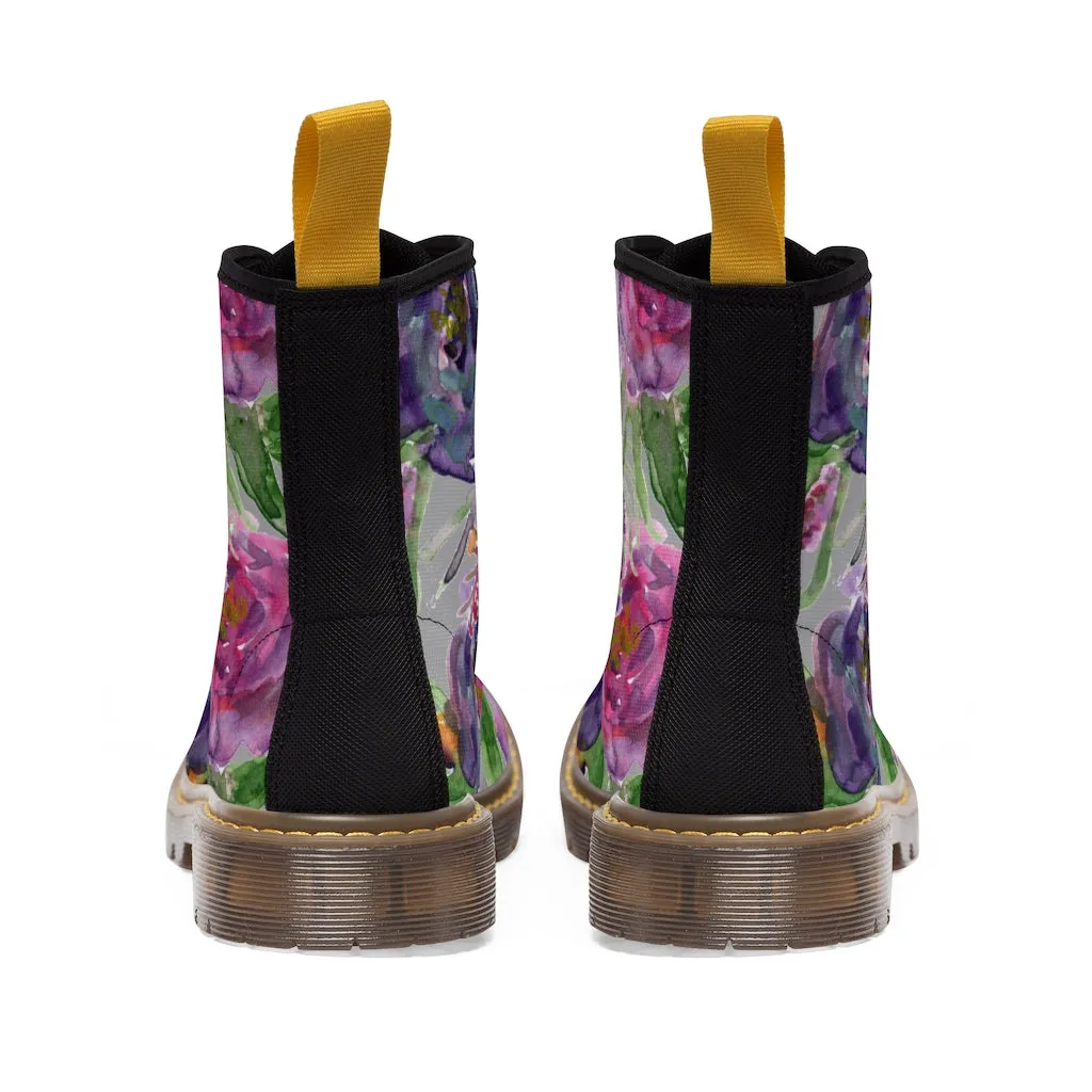 Grey Pink Flower Women's Boots, Best Vintage Style Premium Quality Winter Boots For Ladies