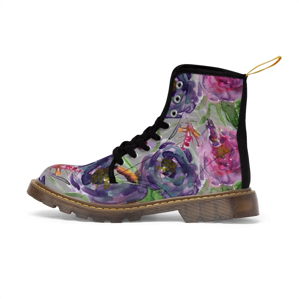 Grey Pink Flower Women's Boots, Best Vintage Style Premium Quality Winter Boots For Ladies