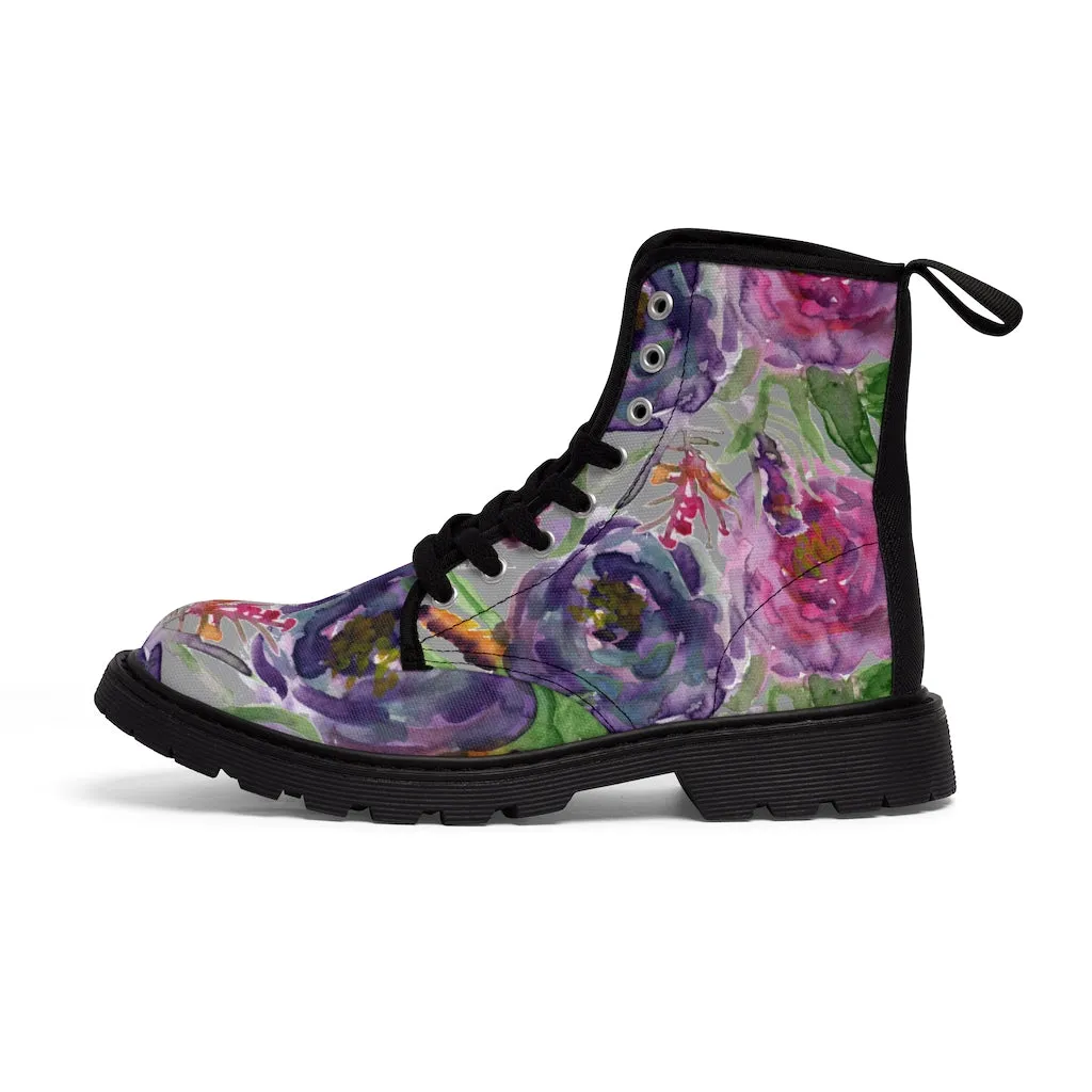 Grey Pink Flower Women's Boots, Best Vintage Style Premium Quality Winter Boots For Ladies