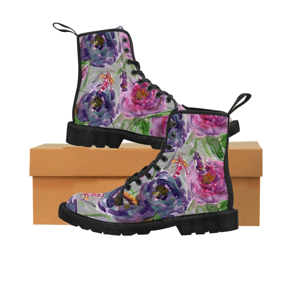 Grey Pink Flower Women's Boots, Best Vintage Style Premium Quality Winter Boots For Ladies