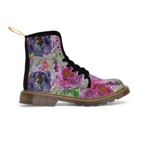 Grey Pink Flower Women's Boots, Best Vintage Style Premium Quality Winter Boots For Ladies