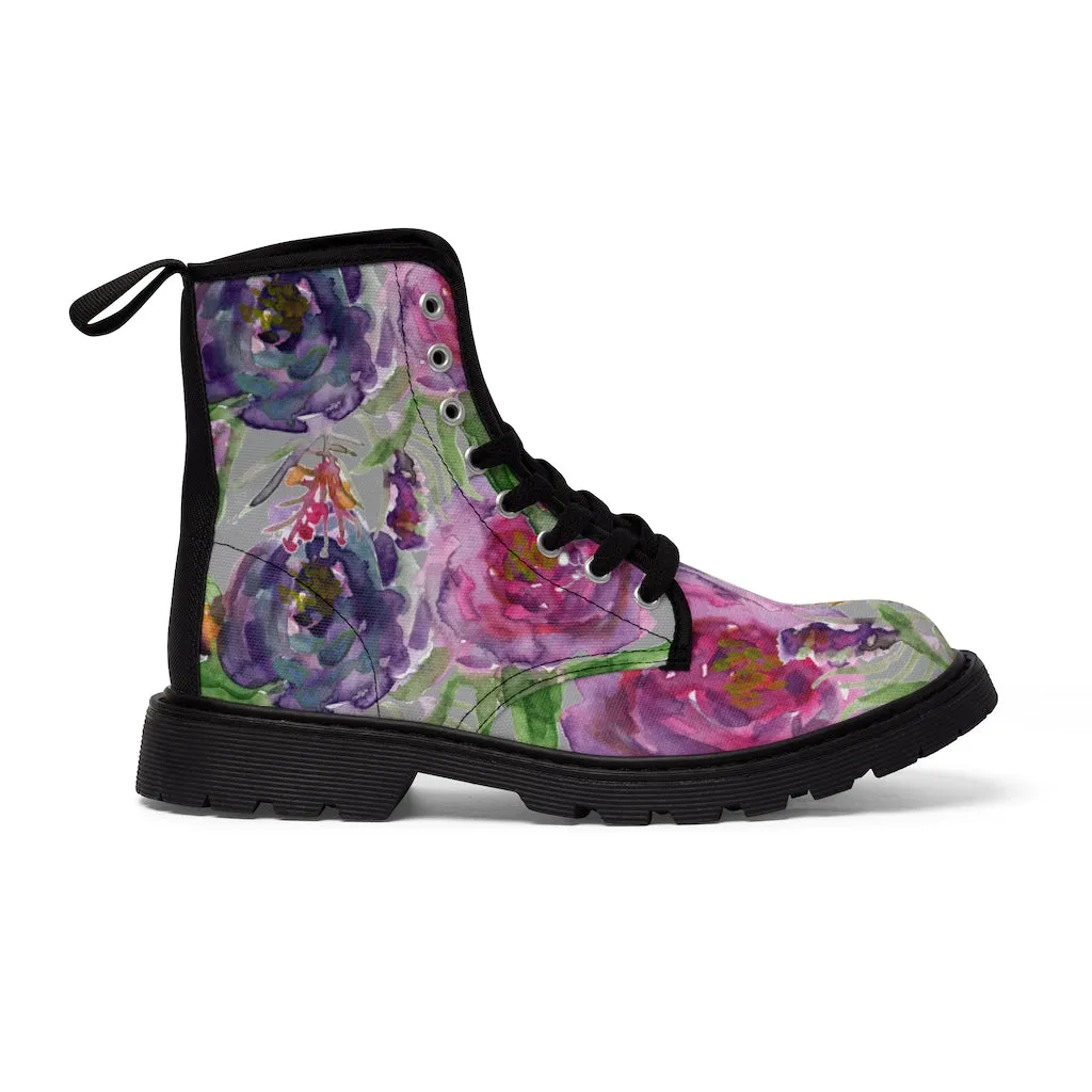 Grey Pink Flower Women's Boots, Best Vintage Style Premium Quality Winter Boots For Ladies