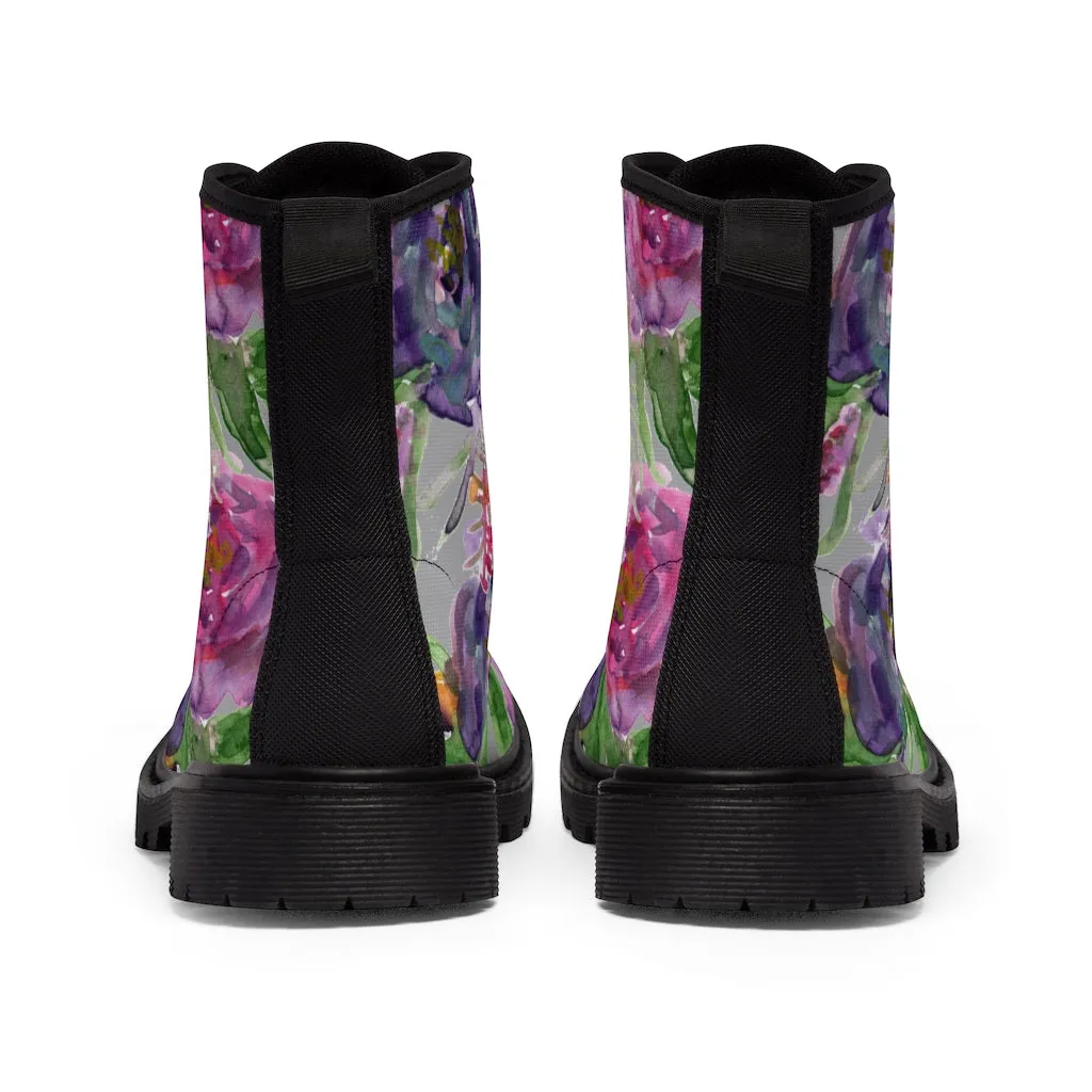 Grey Pink Flower Women's Boots, Best Vintage Style Premium Quality Winter Boots For Ladies