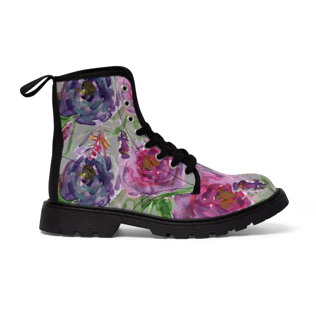 Grey Pink Flower Women's Boots, Best Vintage Style Premium Quality Winter Boots For Ladies