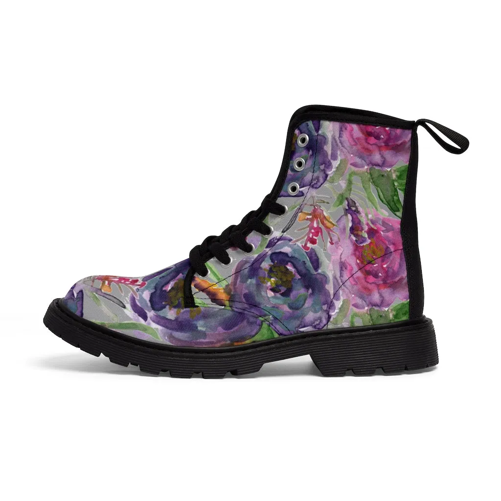 Grey Pink Flower Women's Boots, Best Vintage Style Premium Quality Winter Boots For Ladies
