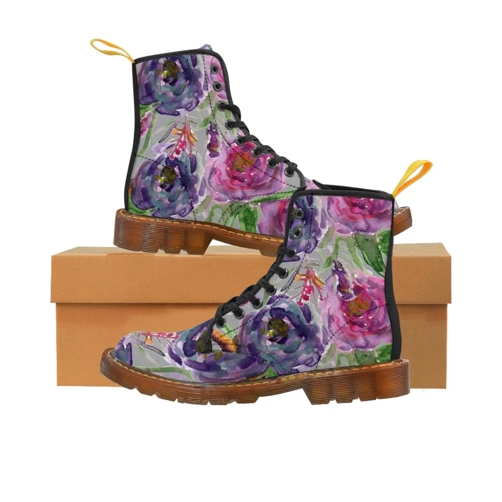 Grey Pink Flower Women's Boots, Best Vintage Style Premium Quality Winter Boots For Ladies